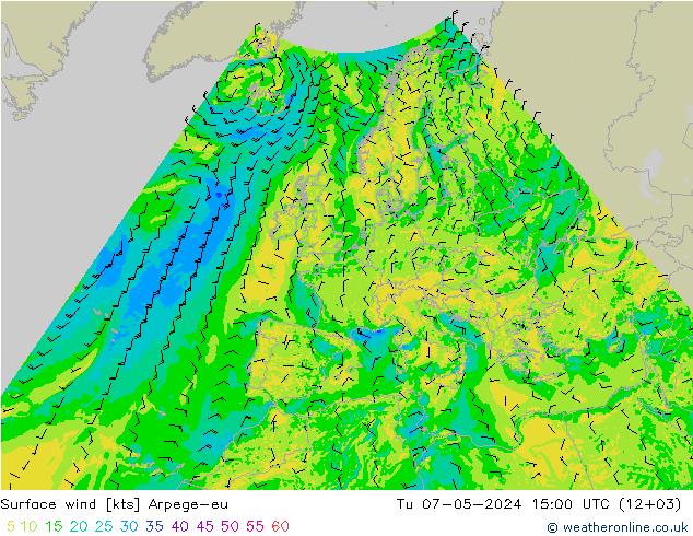 Surface wind Arpege-eu Tu 07.05.2024 15 UTC