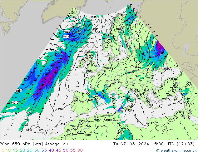 Wind 850 hPa Arpege-eu Tu 07.05.2024 15 UTC
