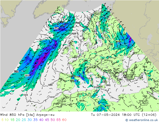 Wind 850 hPa Arpege-eu Di 07.05.2024 18 UTC