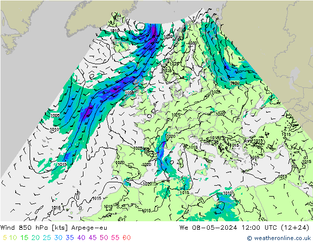 Wind 850 hPa Arpege-eu We 08.05.2024 12 UTC