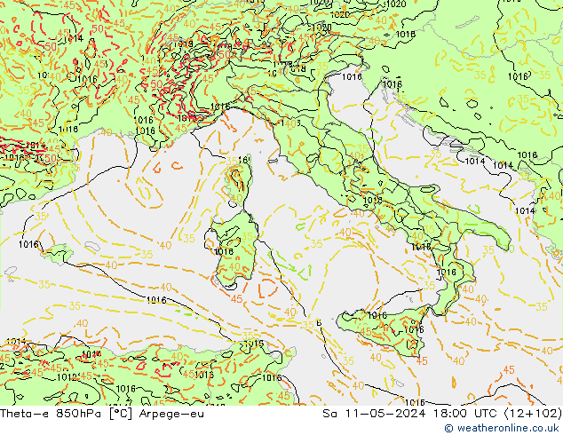 Theta-e 850hPa Arpege-eu sáb 11.05.2024 18 UTC