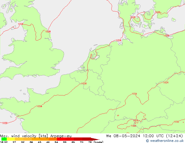 Max. wind velocity Arpege-eu  08.05.2024 12 UTC