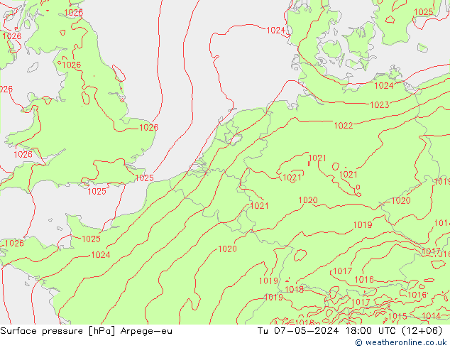 Surface pressure Arpege-eu Tu 07.05.2024 18 UTC