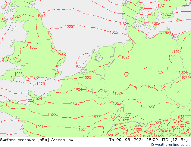 Surface pressure Arpege-eu Th 09.05.2024 18 UTC