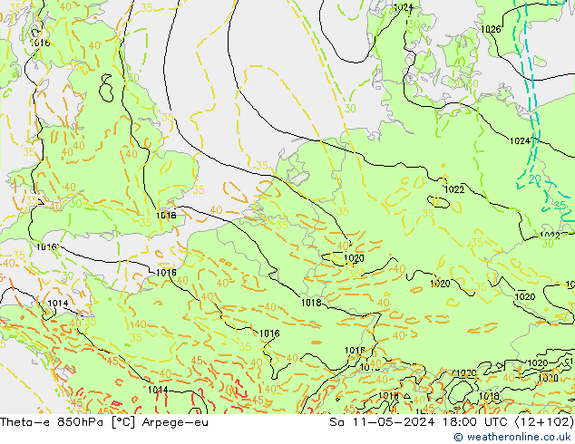 Theta-e 850hPa Arpege-eu Sa 11.05.2024 18 UTC