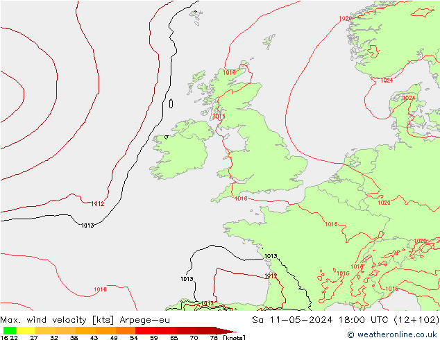 Max. wind velocity Arpege-eu sab 11.05.2024 18 UTC