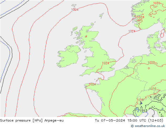 Surface pressure Arpege-eu Tu 07.05.2024 15 UTC