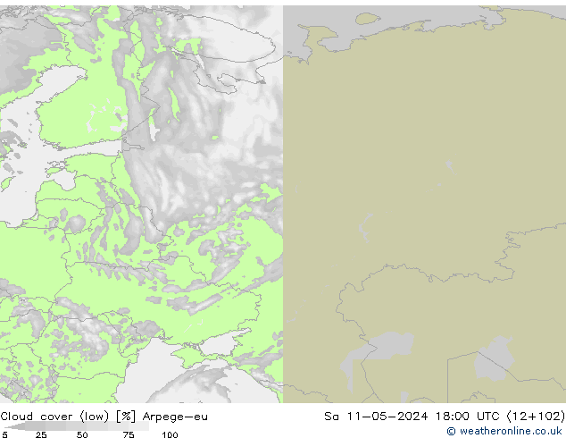 Cloud cover (low) Arpege-eu Sa 11.05.2024 18 UTC