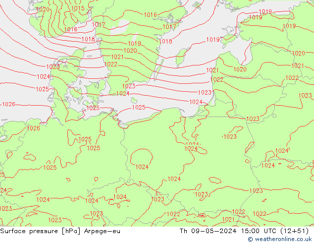 Surface pressure Arpege-eu Th 09.05.2024 15 UTC