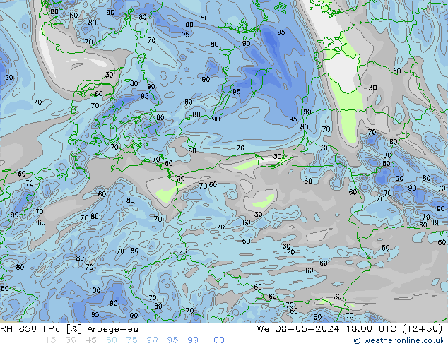 RH 850 hPa Arpege-eu Qua 08.05.2024 18 UTC