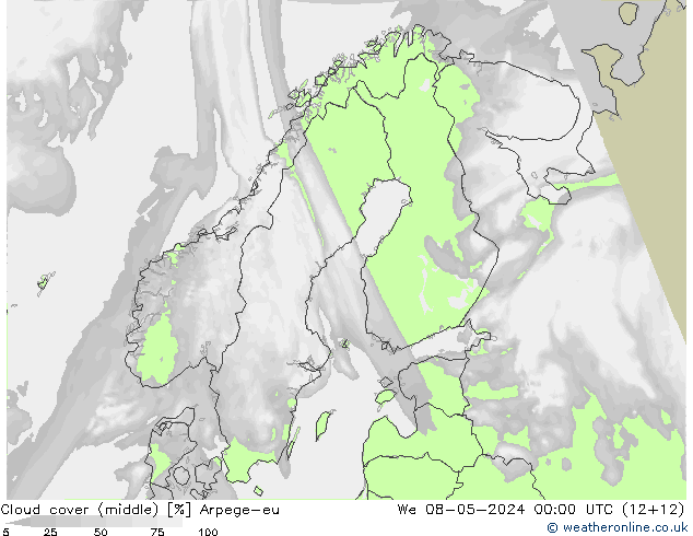 Cloud cover (middle) Arpege-eu We 08.05.2024 00 UTC
