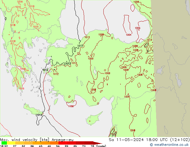 Max. wind velocity Arpege-eu Sa 11.05.2024 18 UTC