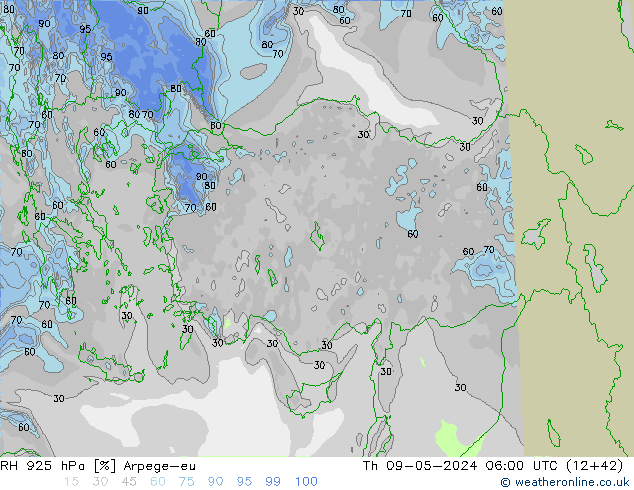 Humidité rel. 925 hPa Arpege-eu jeu 09.05.2024 06 UTC