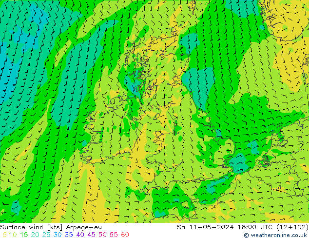 Viento 10 m Arpege-eu sáb 11.05.2024 18 UTC