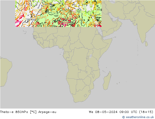 Theta-e 850hPa Arpege-eu mer 08.05.2024 09 UTC