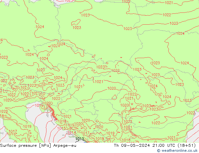 Pressione al suolo Arpege-eu gio 09.05.2024 21 UTC