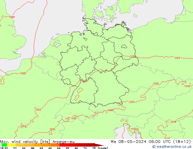 Max. wind snelheid Arpege-eu wo 08.05.2024 06 UTC