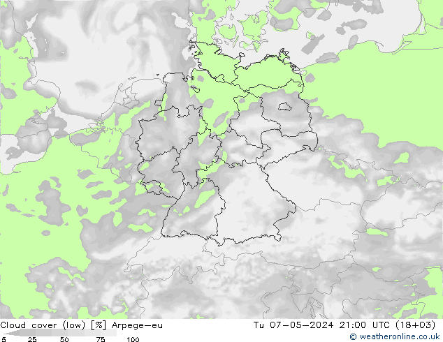 Cloud cover (low) Arpege-eu Tu 07.05.2024 21 UTC