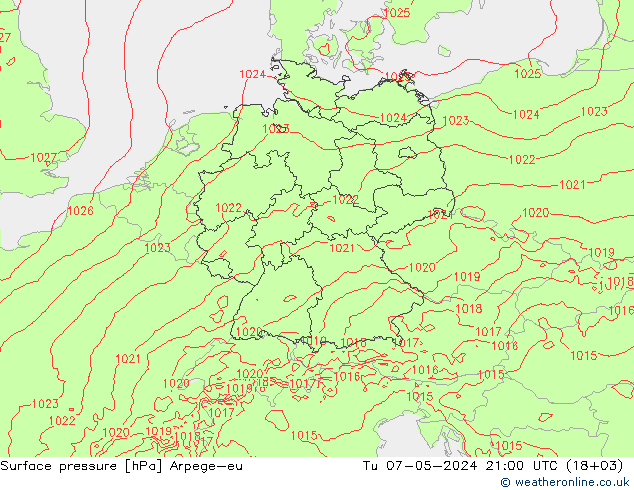 Pressione al suolo Arpege-eu mar 07.05.2024 21 UTC