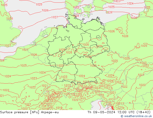 Pressione al suolo Arpege-eu gio 09.05.2024 12 UTC