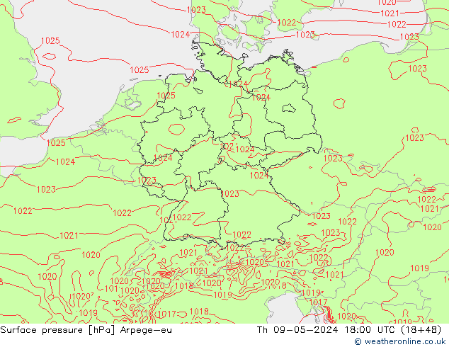 Presión superficial Arpege-eu jue 09.05.2024 18 UTC