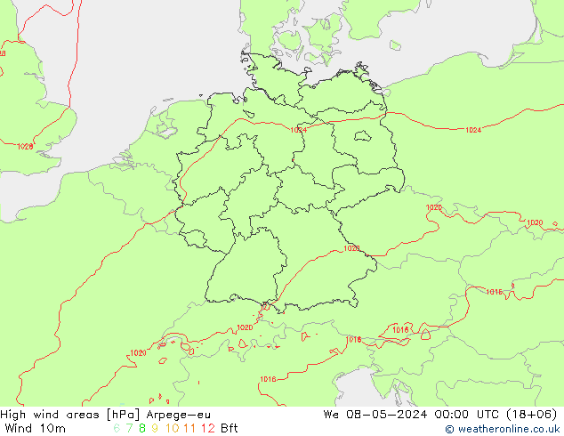 High wind areas Arpege-eu mié 08.05.2024 00 UTC