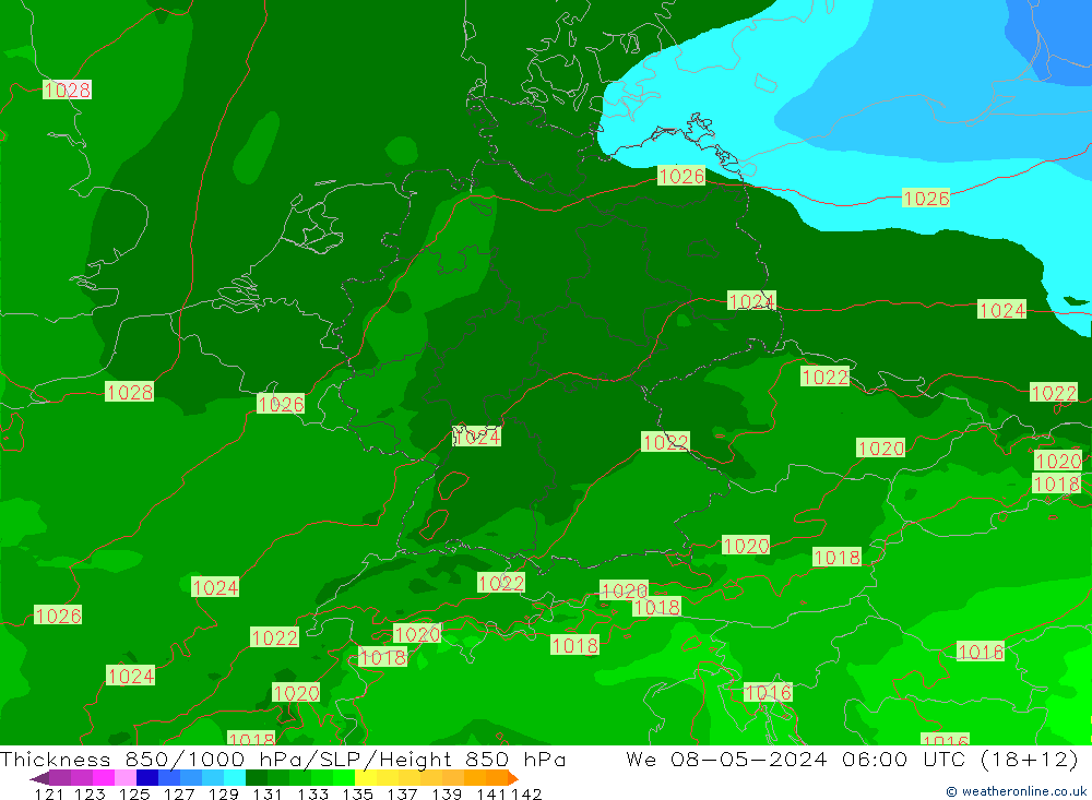 Thck 850-1000 hPa Arpege-eu We 08.05.2024 06 UTC