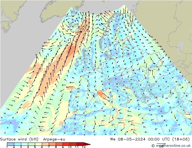 Surface wind (bft) Arpege-eu St 08.05.2024 00 UTC