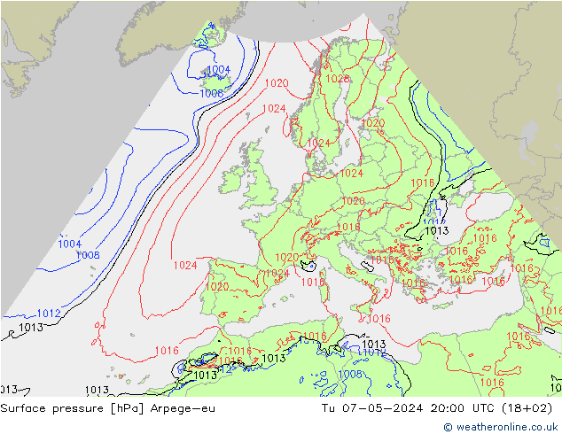 Surface pressure Arpege-eu Tu 07.05.2024 20 UTC