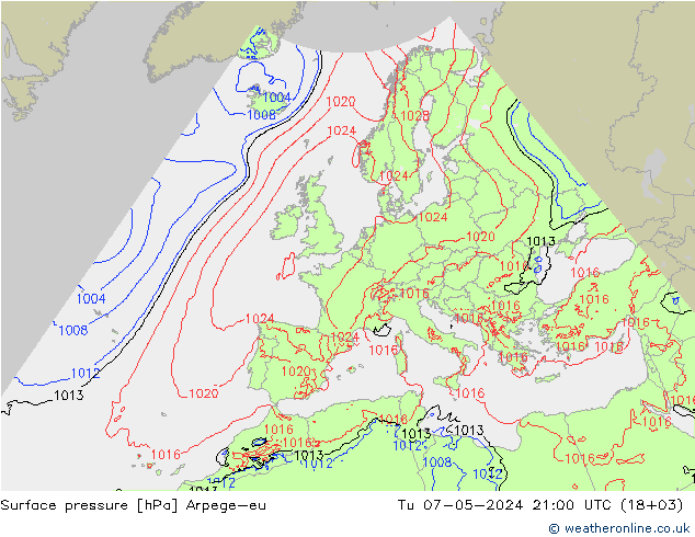Surface pressure Arpege-eu Tu 07.05.2024 21 UTC
