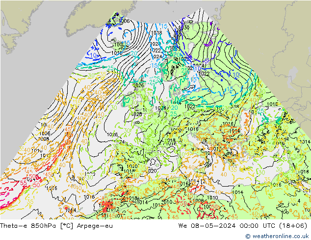 Theta-e 850hPa Arpege-eu śro. 08.05.2024 00 UTC
