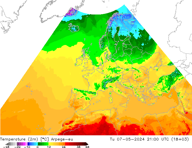 Sıcaklık Haritası (2m) Arpege-eu Sa 07.05.2024 21 UTC