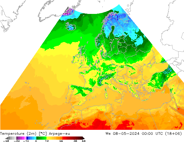 Temperaturkarte (2m) Arpege-eu Mi 08.05.2024 00 UTC