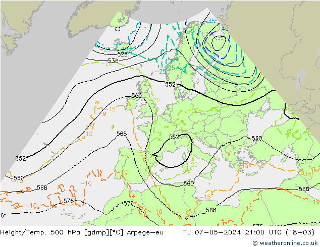 Yükseklik/Sıc. 500 hPa Arpege-eu Sa 07.05.2024 21 UTC