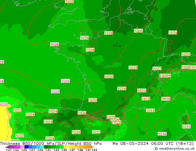 Thck 850-1000 hPa Arpege-eu mer 08.05.2024 06 UTC