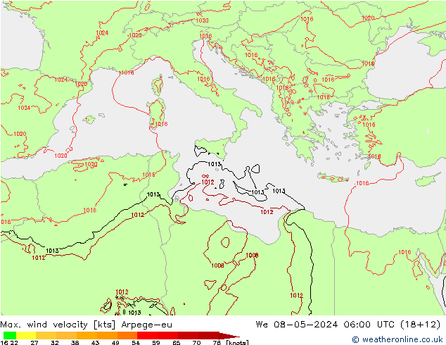 Max. wind velocity Arpege-eu We 08.05.2024 06 UTC