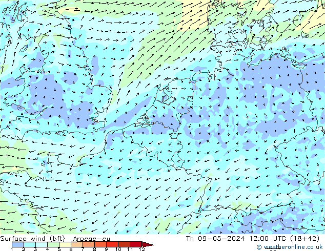 Rüzgar 10 m (bft) Arpege-eu Per 09.05.2024 12 UTC