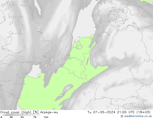 Cloud cover (high) Arpege-eu Tu 07.05.2024 21 UTC