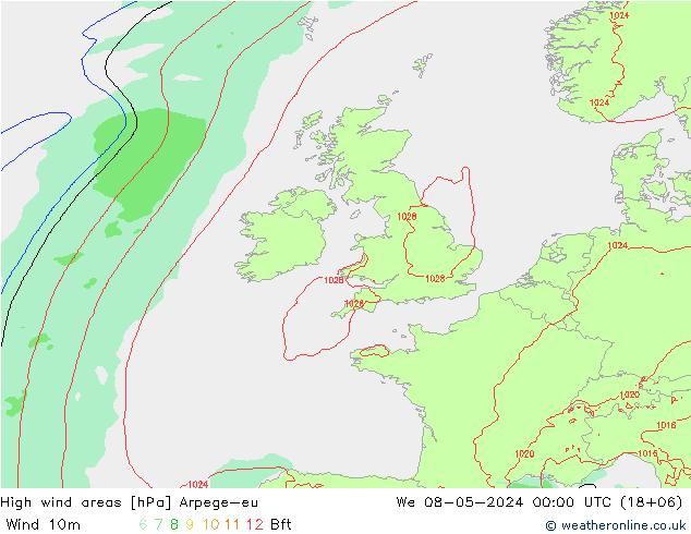 High wind areas Arpege-eu mer 08.05.2024 00 UTC