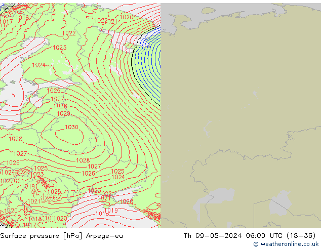 Atmosférický tlak Arpege-eu Čt 09.05.2024 06 UTC