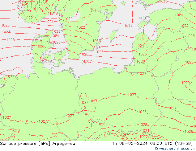 Surface pressure Arpege-eu Th 09.05.2024 09 UTC