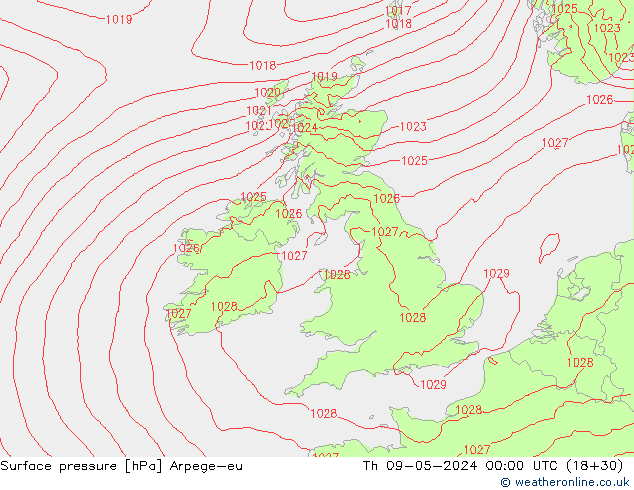 Surface pressure Arpege-eu Th 09.05.2024 00 UTC