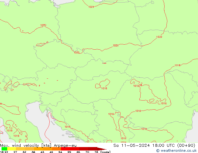 Max. wind velocity Arpege-eu Sa 11.05.2024 18 UTC