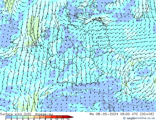 Surface wind (bft) Arpege-eu We 08.05.2024 06 UTC