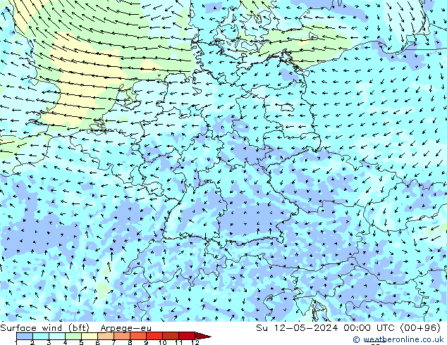 Surface wind (bft) Arpege-eu Ne 12.05.2024 00 UTC