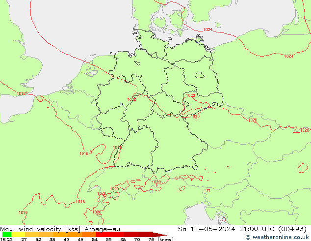 Windböen Arpege-eu Sa 11.05.2024 21 UTC