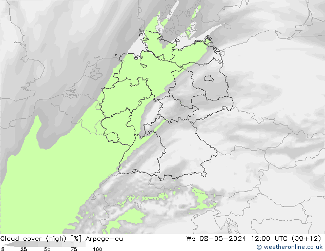 Cloud cover (high) Arpege-eu We 08.05.2024 12 UTC