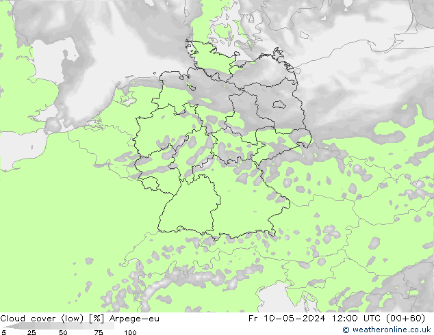 Cloud cover (low) Arpege-eu Fr 10.05.2024 12 UTC