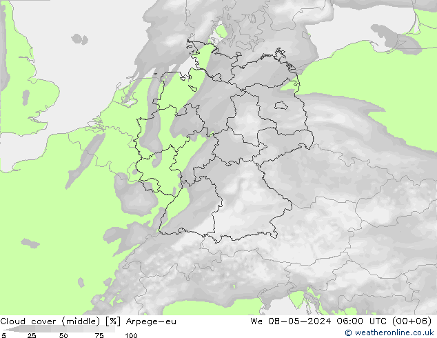 Cloud cover (middle) Arpege-eu We 08.05.2024 06 UTC