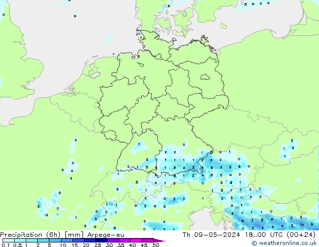 Precipitation (6h) Arpege-eu Th 09.05.2024 00 UTC